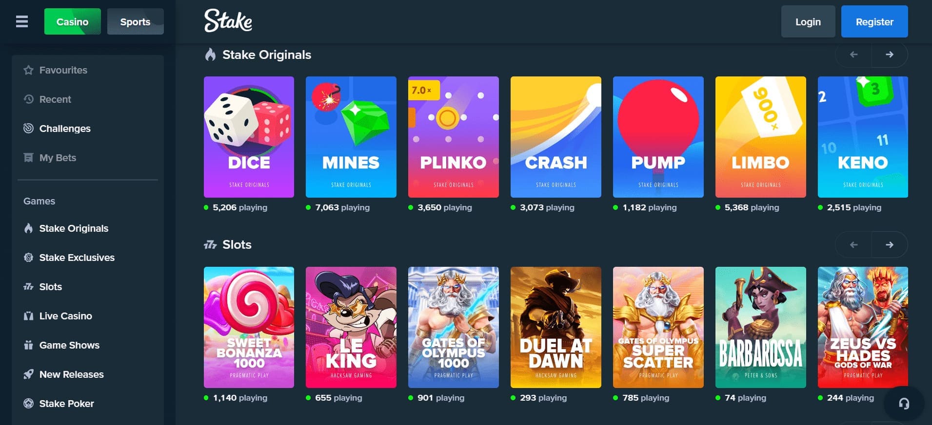 Stake casino: Obrázek zobrazující úvodní stránku webu Stake.com v angličtině s různými dostupnými herními možnostmi