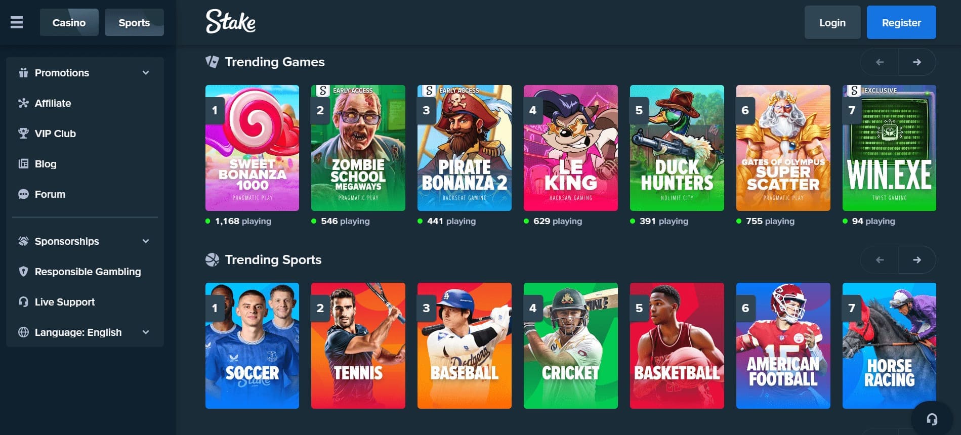 Stake casino USA: an image showing different game options for the platform. 
