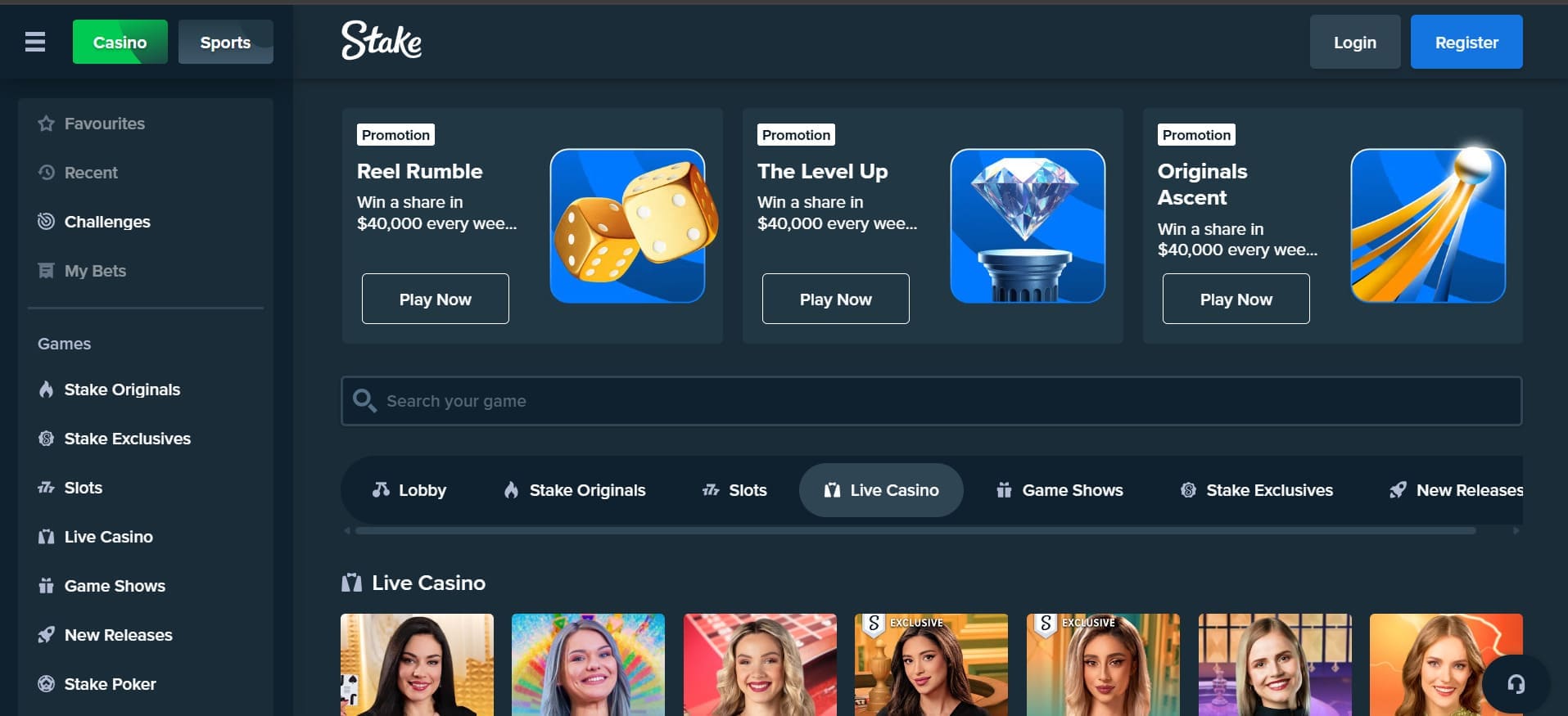 Stake casino UK: an image showing the home page of the stake.com website in its English version with all available gaming options