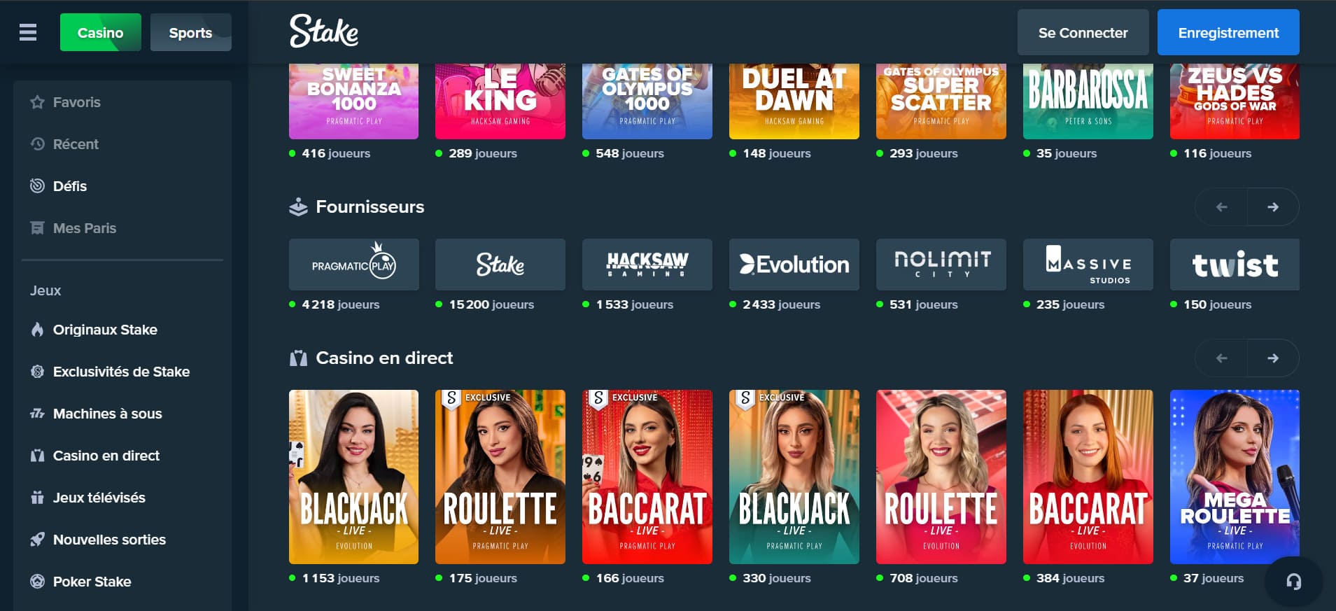 Stake France: Une image montrant le site Web de Stake en français avec de nombreux jeux de casino disponibles.