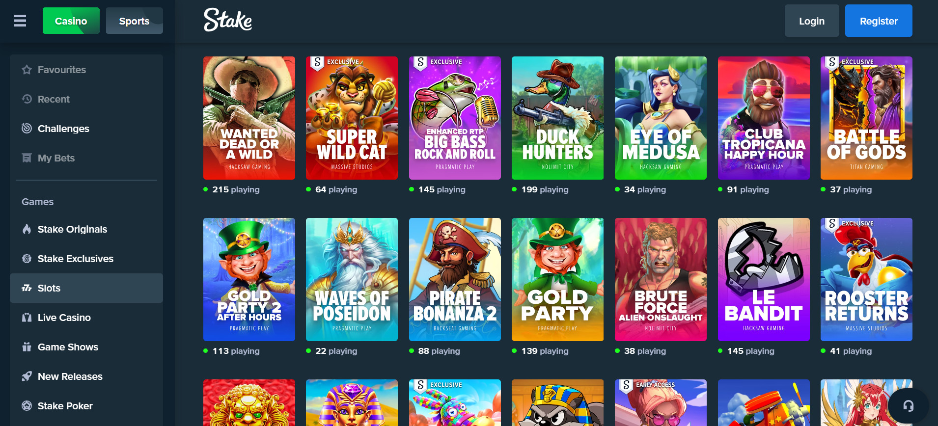 Slika dostupnih igara na web stranici online casina stake.com