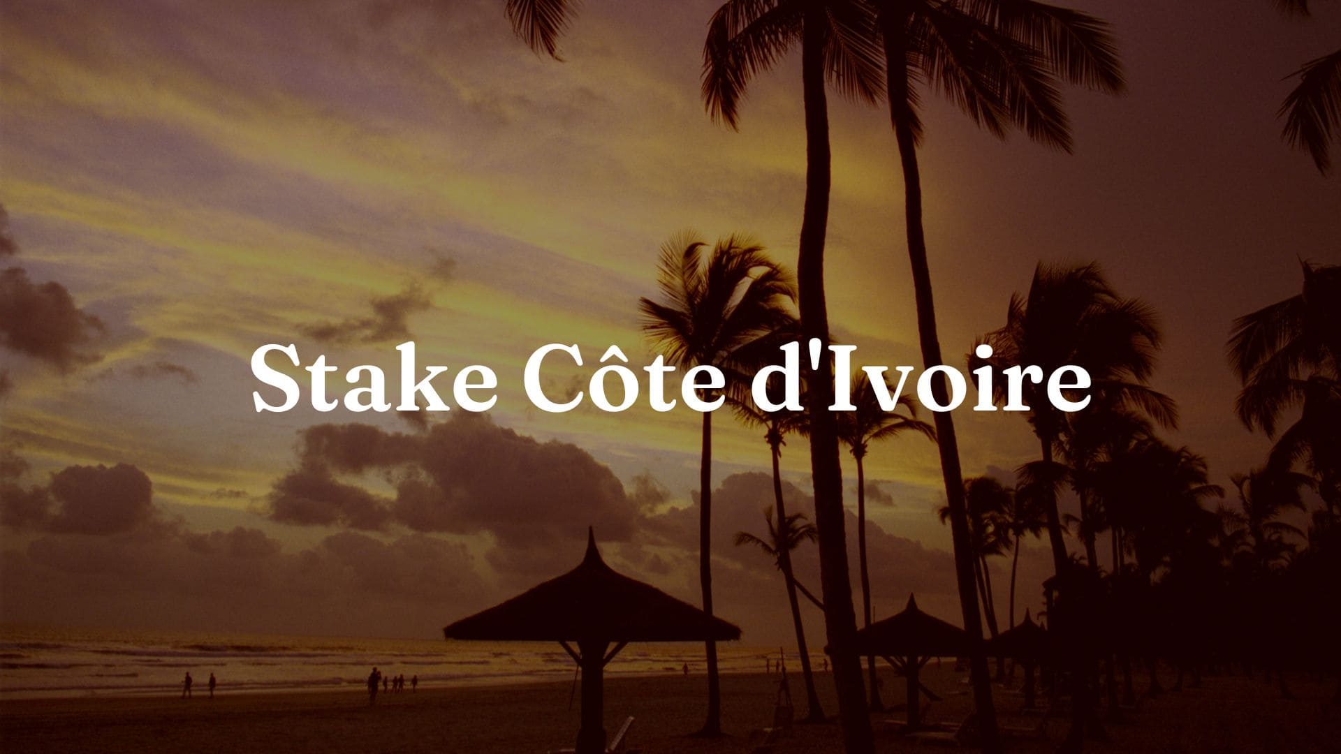Une image montrant un coucher de soleil sur une plage de Côte d’Ivoire avec des palmiers, où l’on peut lire les lettres « Stake Côte d’Ivoire »