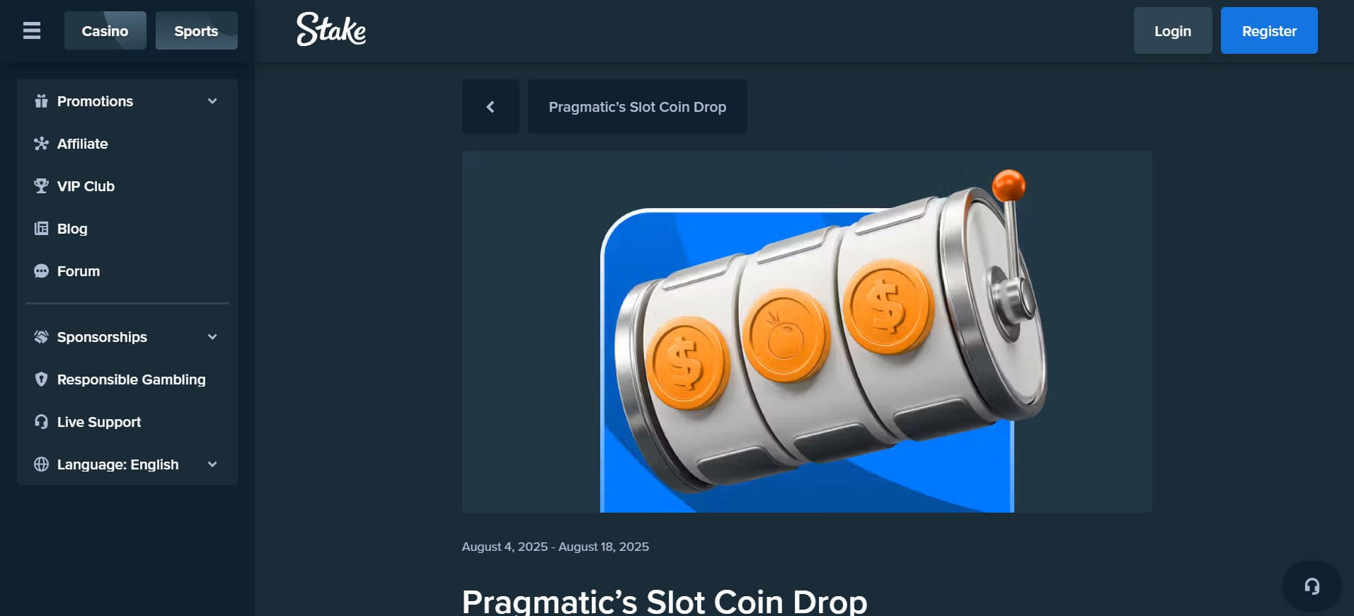 Stake Kasino Slovenija: Slika spletne strani stake.com v angleščini, na kateri je prikazana možnost igralnega avtomata (slot) v kazinoju.