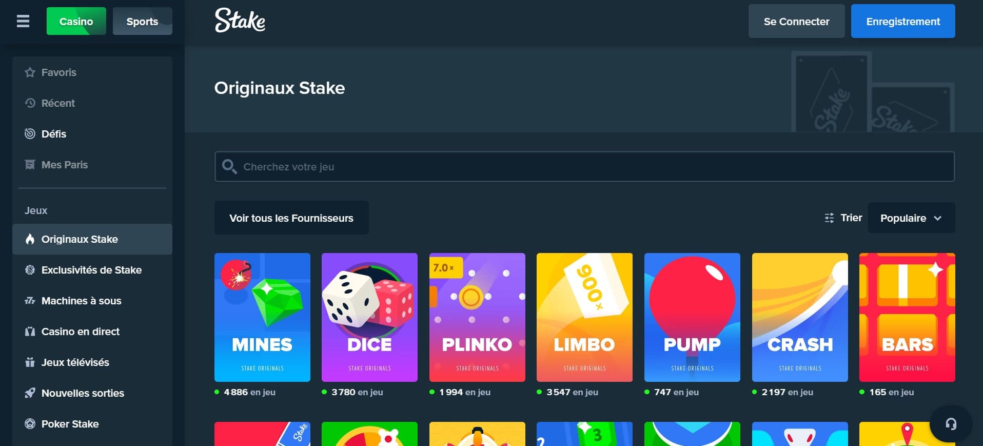 Stake casino cote d'ivoire: Une image montrant le site web de Stake.com en français, avec les jeux exclusifs proposés aux utilisateurs.