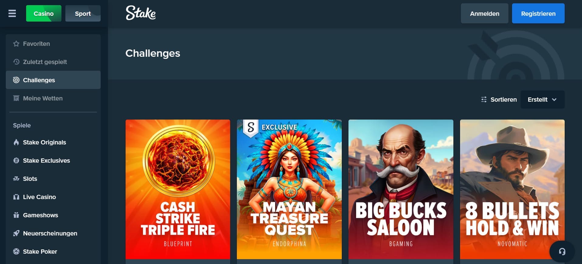 Stake casino Schweiz: Ein Bild, das die Startseite der Website stake.com mit dem Spielangebot für die Spieler zeigt.
